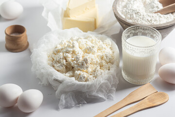 Baking Ingredients: Cottage Cheese, Flour, Milk, Eggs and Butter
