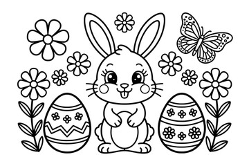 This black and white coloring page features a cheerful cartoon bunny, two decorated Easter eggs, flowers, and a butterfly
