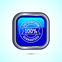 Satisfaction guaranteed icon design illustration, 100 percent satisfaction badge label sign, Blue color square button design