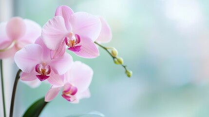 Beautiful pink orchid flowers with delicate petals offering a touch of elegance in soft indoor lighting : Generative AI