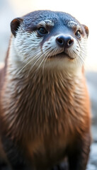 close up of a wet otter looking at the camera