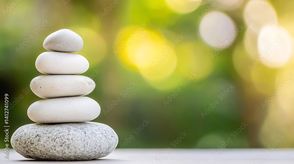 Poster stacked white stones on a wooden surface with a blurred green background creating a calming and peac