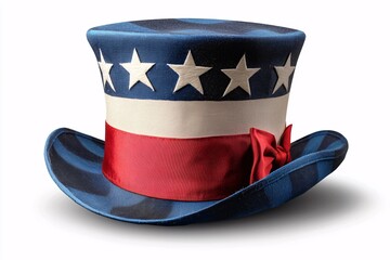 A vibrant, patriotic top hat featuring blue and white stars, a red sash, and a colorful pattern. Perfect for celebrating national holidays and festive events.