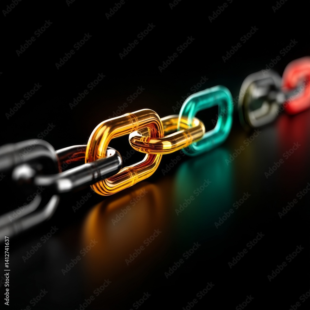 Poster Connected:  A Macro Shot of a Chain with Gold, Green, Silver, and Red Links Against a Black Background