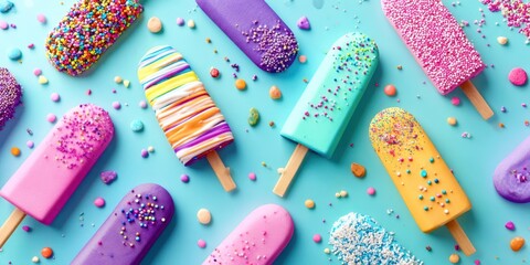 A pink ice cream stick is surrounded by colorful candy