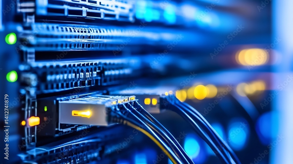 Poster Modern Data Center with Network Cables Connected to Server Devices : Generative AI
