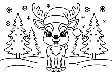 Fototapeta premium A cheerful, cartoon reindeer wearing a Santa hat stands amidst wintery Christmas trees and snowflakes