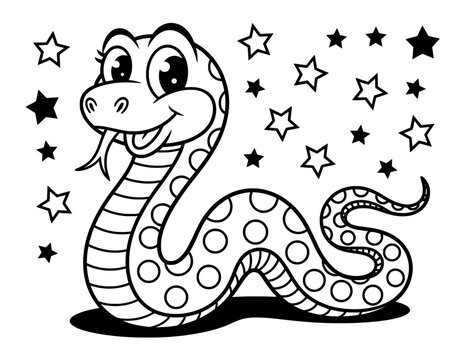 A whimsical, black and white coloring page featuring a cartoon snake with large eyes, a friendly expression, and a polka dot pattern