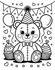 Naklejka premium A whimsical black and white coloring page featuring a teddy bear dressed in a party hat, sitting next to cupcakes and balloons, with festive decorations