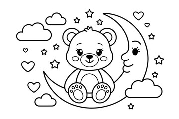 A whimsical and adorable black and white coloring page features a teddy bear sitting on a crescent moon