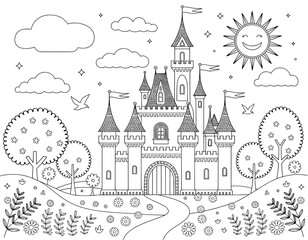 A charming black and white drawing of a majestic castle nestled in a whimsical landscape