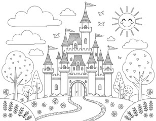 A whimsical, black and white coloring page featuring a majestic castle nestled in a fairytale landscape