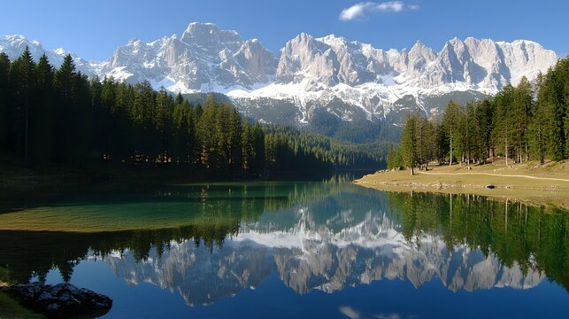 owering snow-capped mountains reflected in a crystal-clear alpine lake