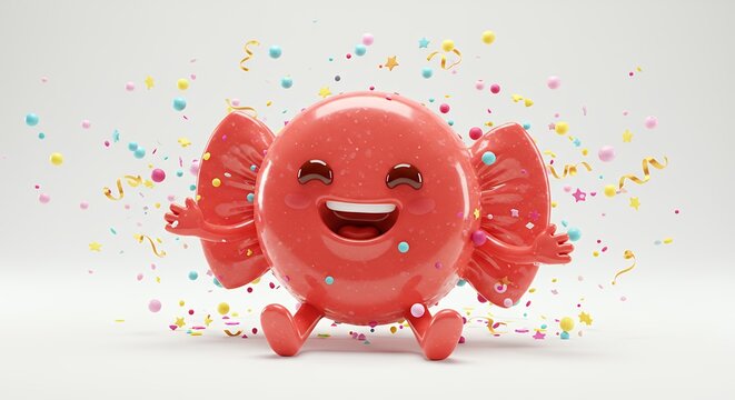 Cheerful red candy celebrates with confetti