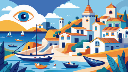 A painting of a town with a blue sky and houses with a boat in the water. The mood of the painting is peaceful and serene