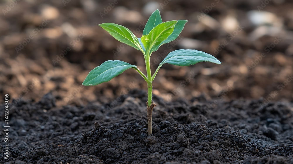 Poster close up of a young green seedling growing in dark soil representing nature and new beginnings : gen