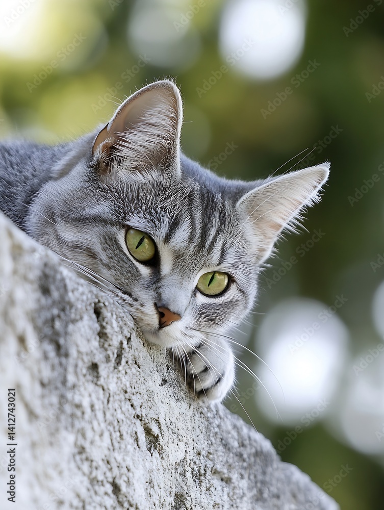 Poster charming grey cat relaxing on a stone surface with bright green background for animal lovers : gener