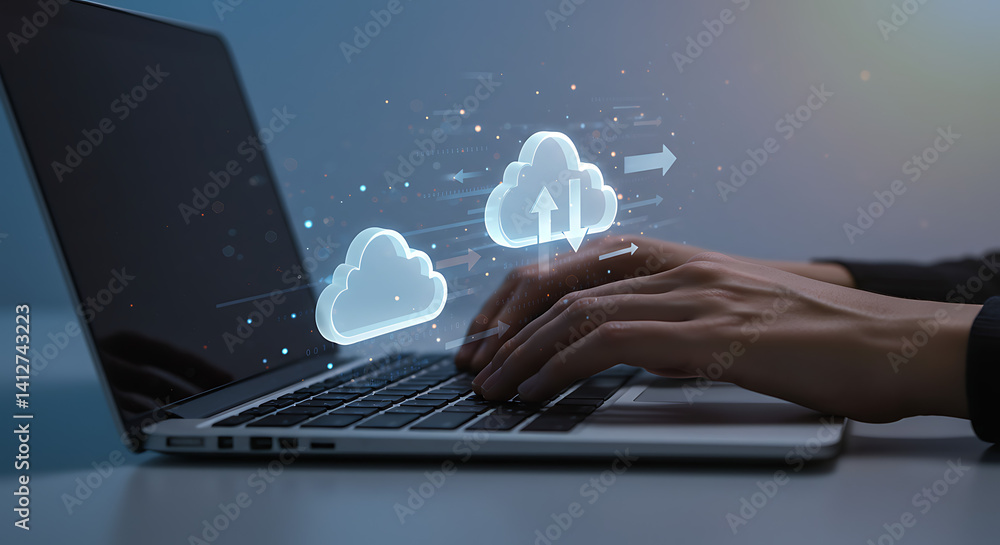 Poster hands type on a laptop keyboard, with cloud graphics symbolizing digital cloud data transfer and sto