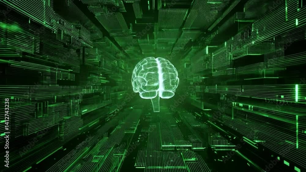 Poster digital brain in circuitry: a glowing green digital brain hovers within an intricate network of circ