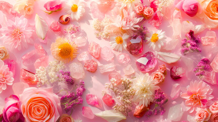 Set of pink healing chakra mineral stones with flowers for crystal healing. Natural Colourful stones for cleansing environment from negative energy, adding positive vibes. Spriritual practice flat lay