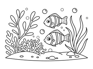 Coloring book page for adults. Underwater seabed with algae and corals, line art design, and fish