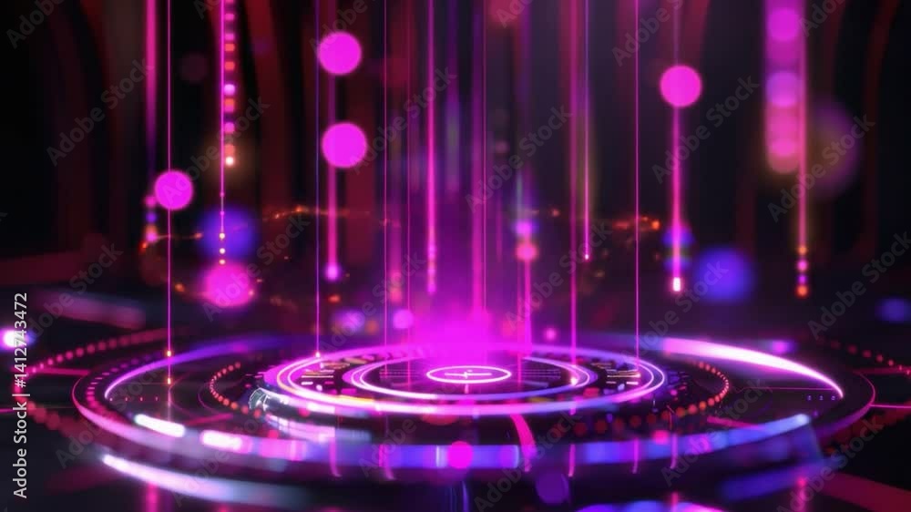 Poster vibrant digital background with glowing purple and pink lights, featuring circular patterns and vert