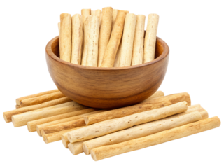 Safed Musli Root Sticks on single wooden bowl isolated on white background. Suitable for marketing or business purposes. PNG file