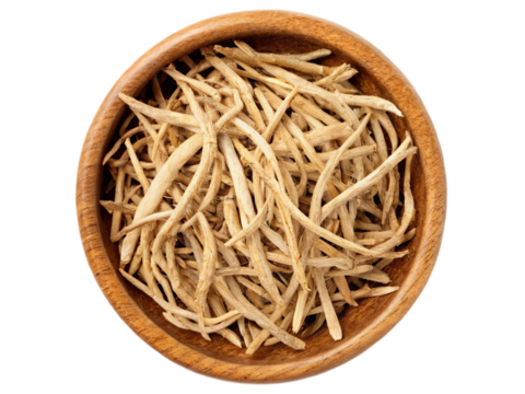 Safed Musli dry Roots on single wooden bowl isolated on white background. Suitable for marketing or business purposes. PNG file