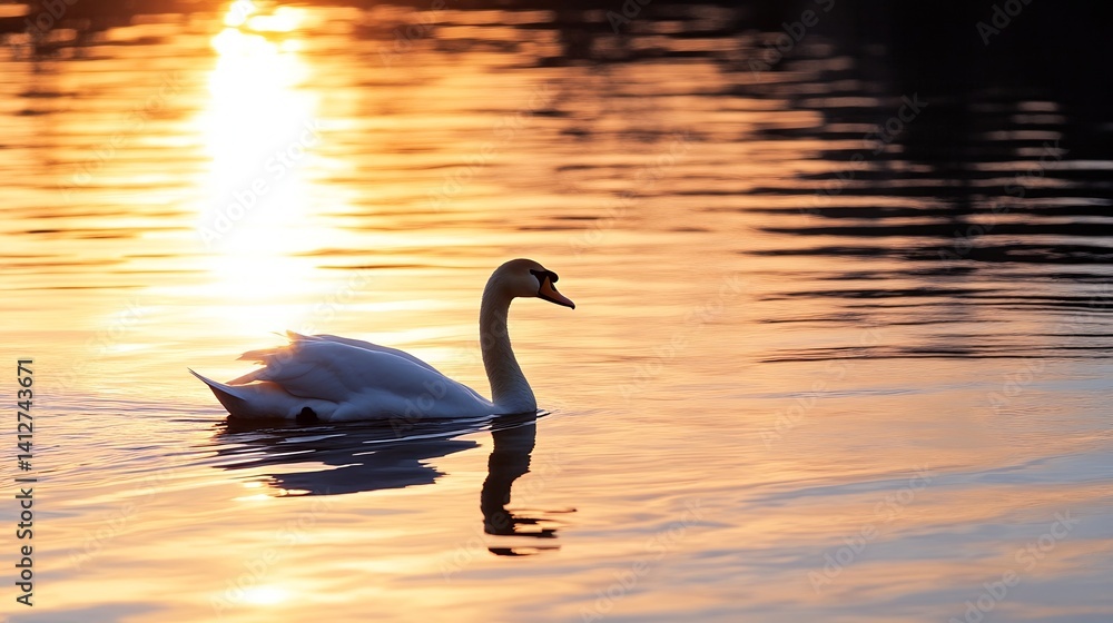 Poster serene swan gliding on water at sunset with golden reflections : generative ai