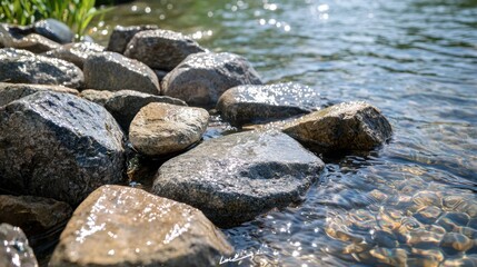 Smooth stones of various sizes line the edge of a tranquil lake, with sunlight glinting off the water's surface, creating a peaceful and calming atmosphere in the afternoon