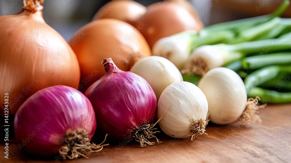 Poster fresh assorted onions including red white and green varieties on a wooden table : generative ai