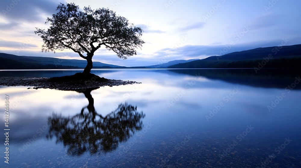 Poster lone tree reflecting on calm lake during serene dusk or dawn : generative ai