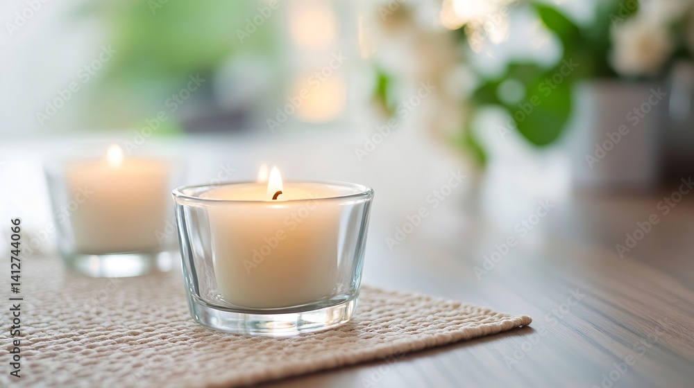 Poster cozy scene with burning candles and soft natural light : generative ai