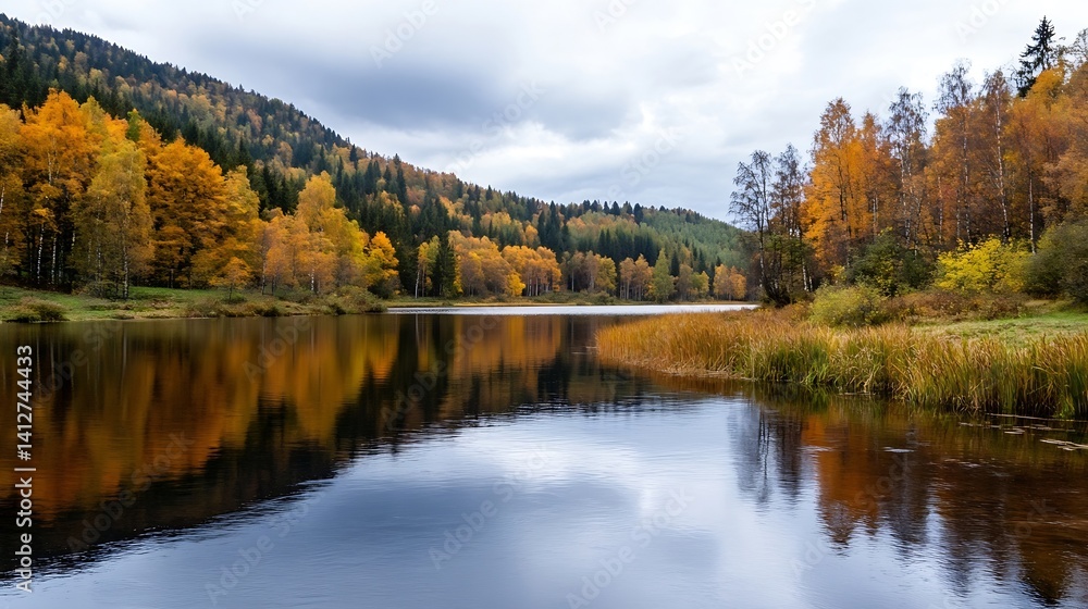 Aufkleber autumn reflection in a calm lake surrounded by colorful trees and scenic nature : generative ai