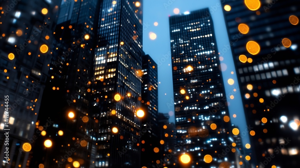 Poster stunning city skyline at night adorned with glowing lights and bokeh effects creating a magical urba