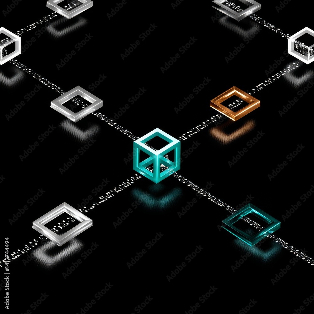 Poster Data Transmission Network with Metallic Cubes and Binary Code on Black Reflective Surface