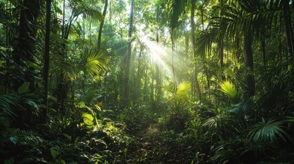 Obraz premium Sunlight breaks through the lush green foliage of a tropical rainforest during the early morning hours. Dense vegetation surrounds a narrow path, creating a serene atmosphere