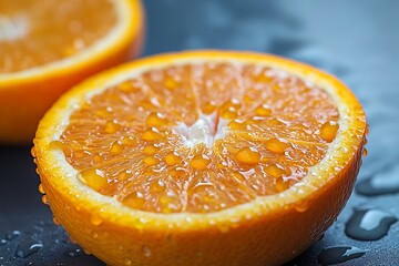 Fresh Orange Halves With Water Droplets On A Dark Surface Close Up