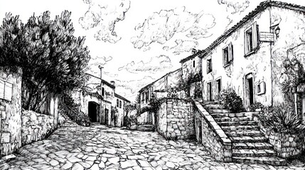 Black and white sketch of a village street