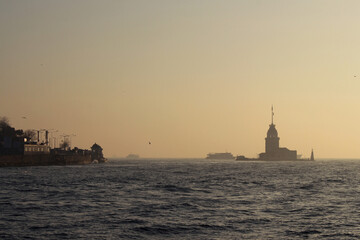 Sunset on the Bosphorus Strait near the Sea of Marmara in Istanbul, Turkey. 