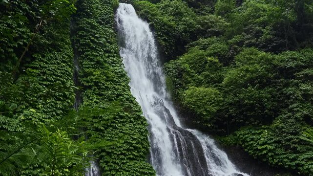 Beautiful view of Banyumala Waterfalls, located in Munduk village, Buleleng Regency, Bali. Surrounded by green trees. Low angle shot, Still shot, Real Time 4K Footage