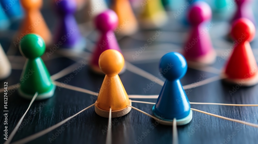 Poster colorful game pieces connected by rubber bands in a strategy game concept : generative ai