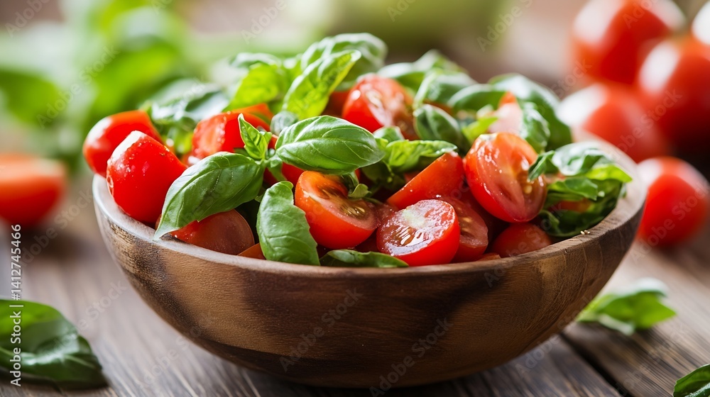 Poster Fresh and Vibrant Cherry Tomato Salad with Basil in a Wooden Bowl on a Rustic Table : Generative AI