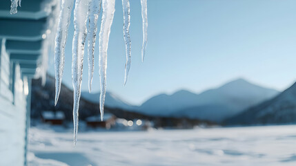 Icicles Hanging From Roofline With Mountain Background