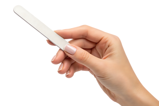 Woman's hand holding a nail file for manicure and nail care on transparent background