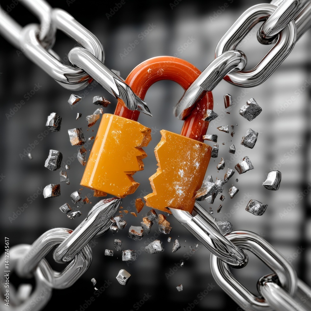 Aufkleber Freedom Achieved: Broken Padlock Surrounded by Chains Symbolizing Breaking Barriers and Overcoming Constraints. 