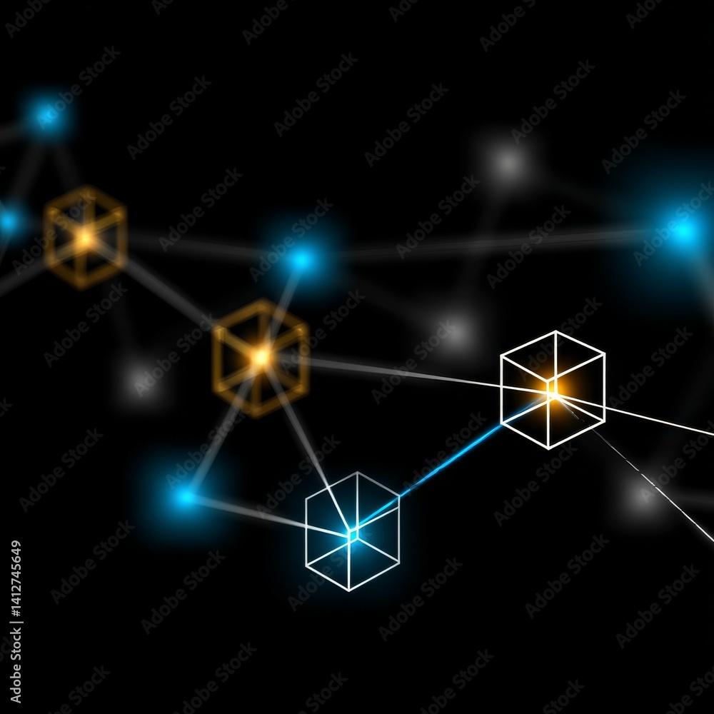 Fototapete Futuristic Blockchain Network: Connecting Cubes with Luminous Nodes on a Dark Background for Secure Data Transmission.