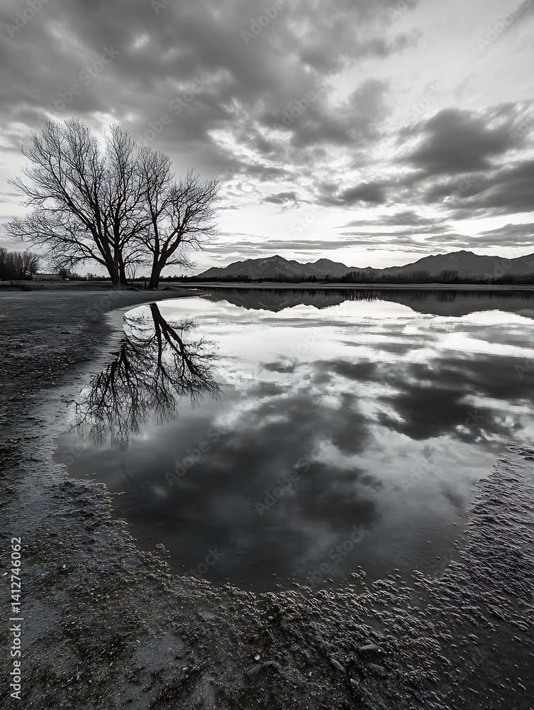 Aufkleber Black and White Reflection of Trees and Clouds in Calm Water Under Moody Sky : Generative AI