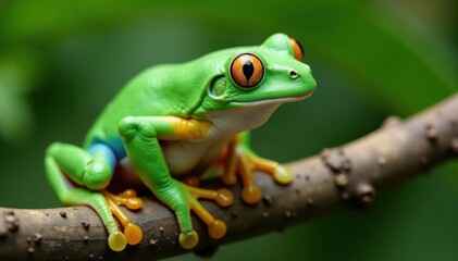 Obraz premium Green tree frog perched on white, vibrant skin, nature, isolated