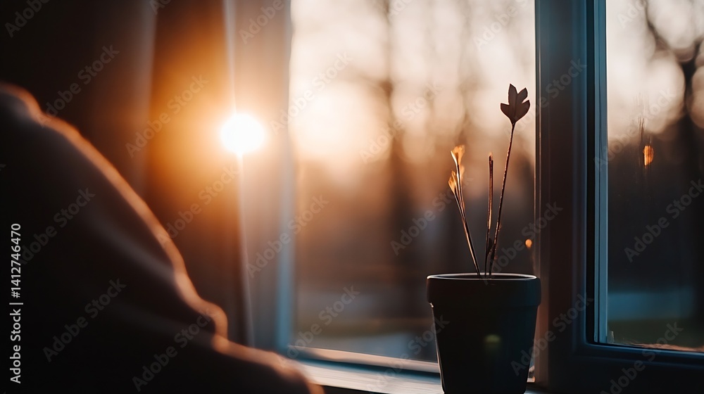 Poster sunlight streaming through window with potted plant at dusk : generative ai
